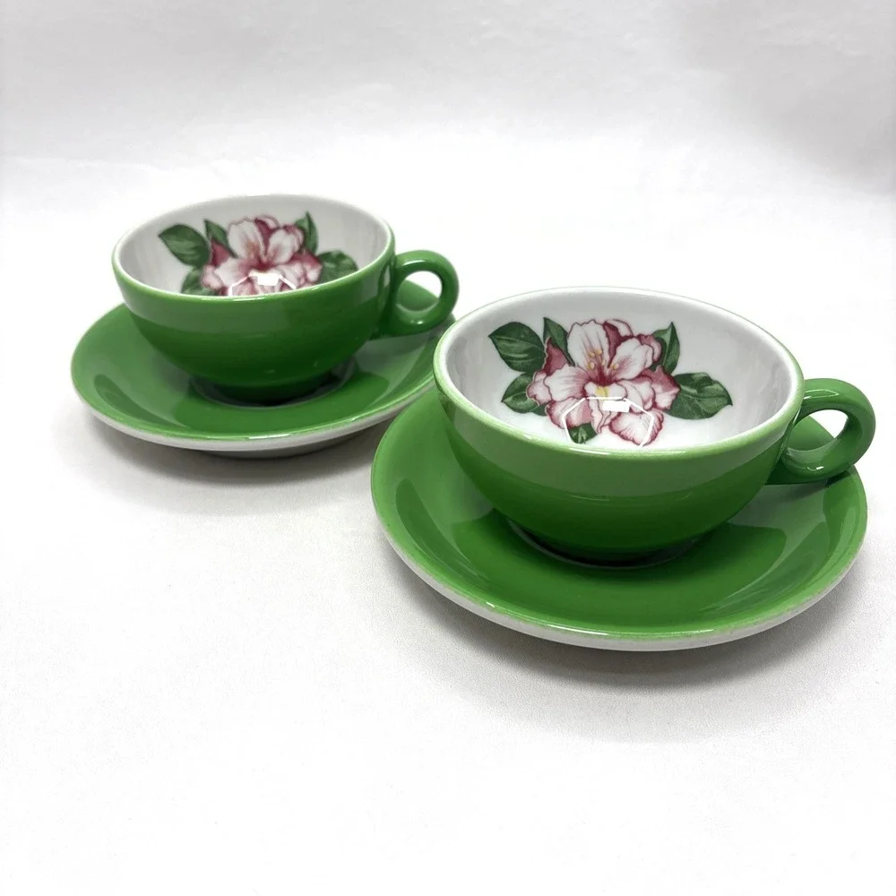 Vtg Shenango Green Greenbriar Hotel Coffee Cups Saucer Dorothy Draper Design 50s